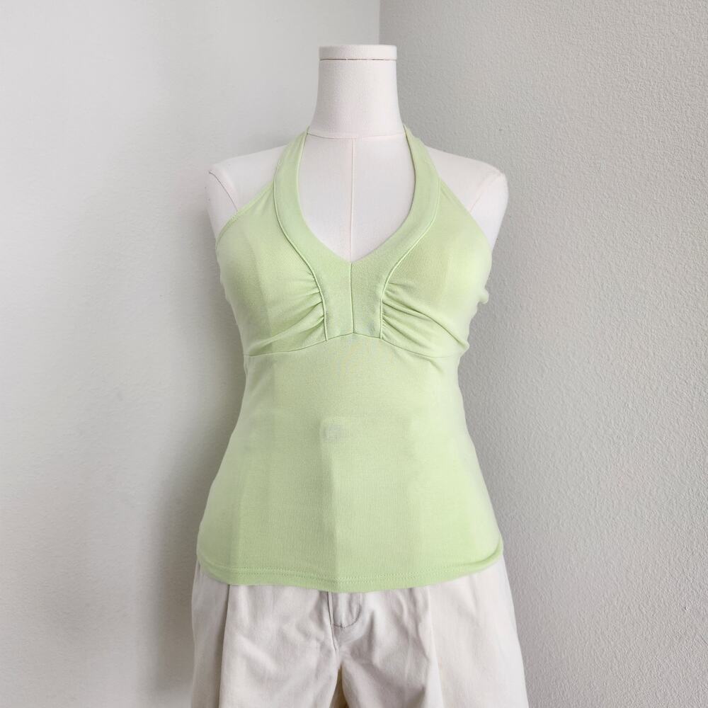 Vintage Y2K Lime Green Halter Babydoll Top Ruched Bust Stretch Energie S M